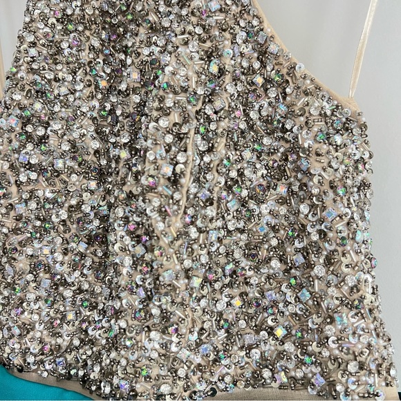 JOVANI Teal Beaded Sequins Halter Wedding Ball Gown Formal Evening Dress Sz 8 - Picture 4 of 16